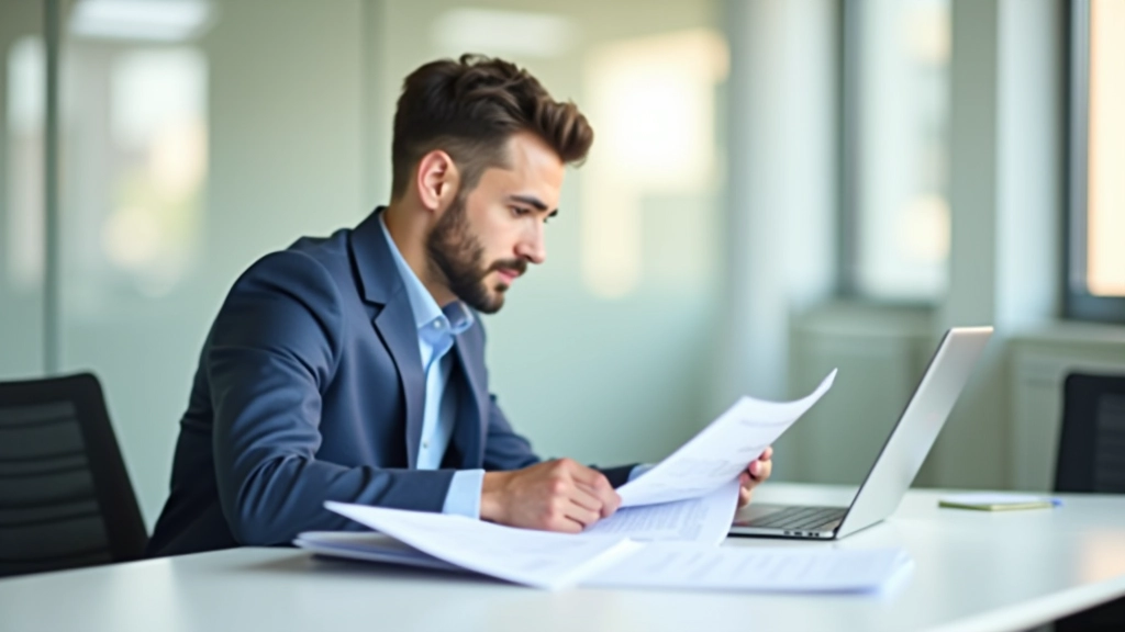 Économiste analysant des rapports INSEE dans un bureau moderne avec ordinateur portable et documents financiers