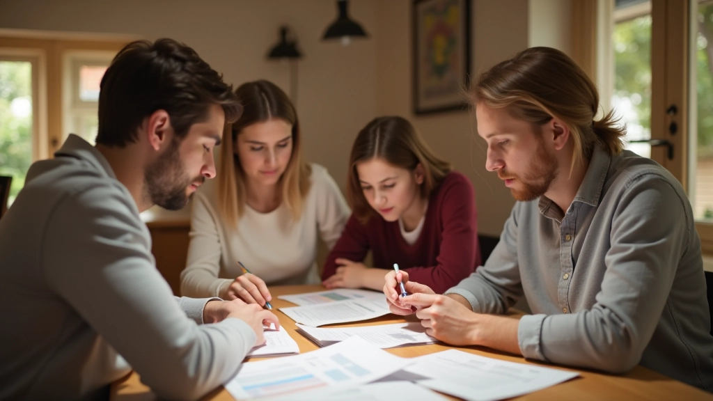 Famille regardant ensemble des documents de budget et factures sur une table