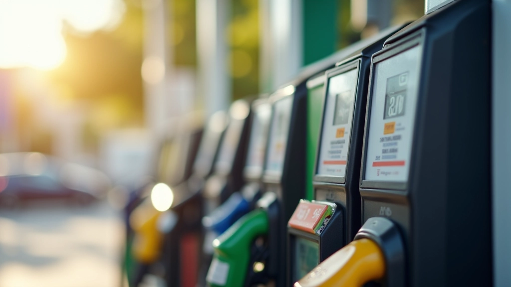 Pompe à essence avec prix affichés et voiture à la station