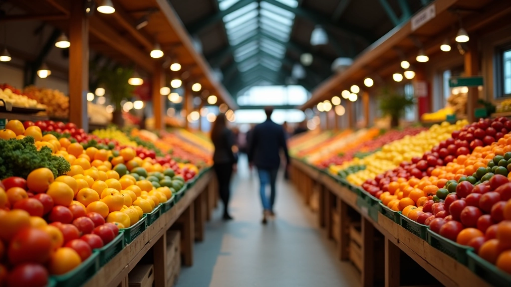 Intérieur de marché ou supermarché montrant les rayons de produits alimentaires et biens de consommation