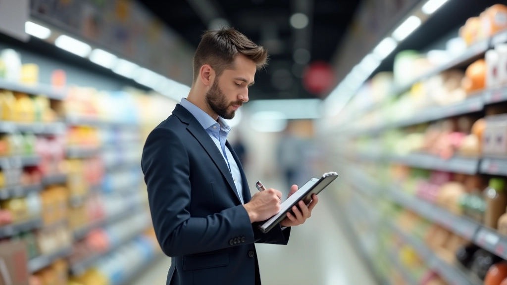 Enquêteur de l'INSEE relevant les prix en magasin avec tablette, vue d'un rayon de produits alimentaires avec étiquettes de prix visibles