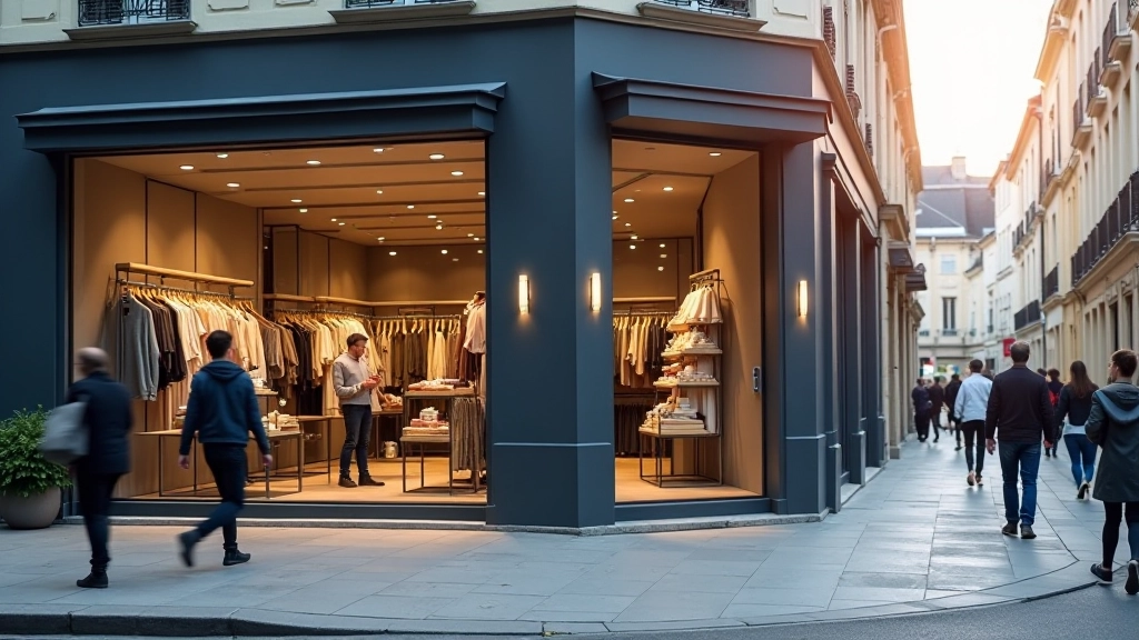 Vue urbaine montrant des commerces et magasins représentant le secteur du commerce de détail