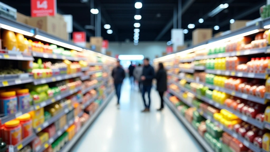 Intérieur d'un supermarché avec des rayons de produits alimentaires et d'énergie