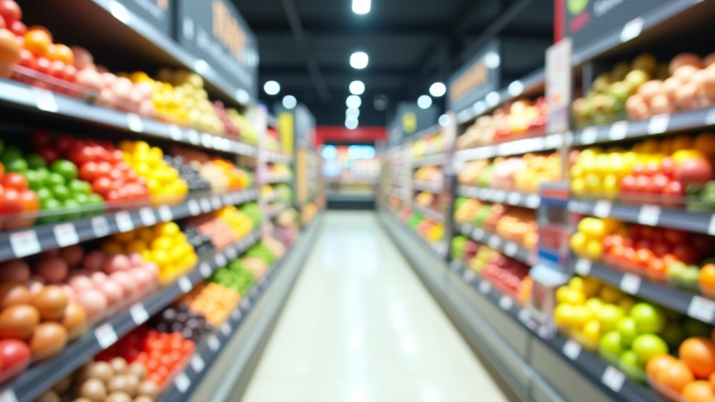 Rayons de supermarché avec produits alimentaires variés, marché en plein air avec fruits et légumes frais en province