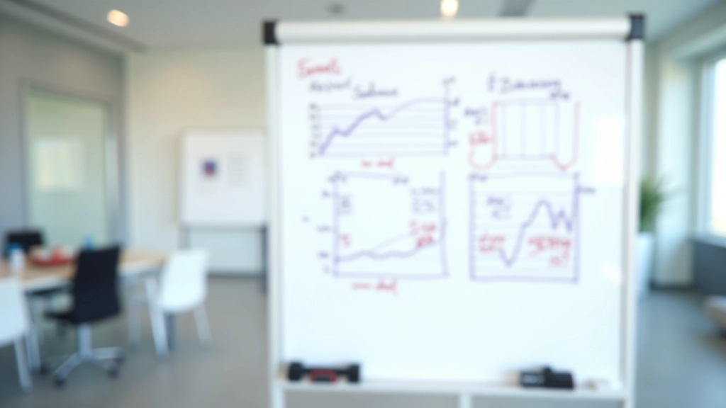 Tableau blanc avec graphiques et données économiques écrits, stylo à proximité
