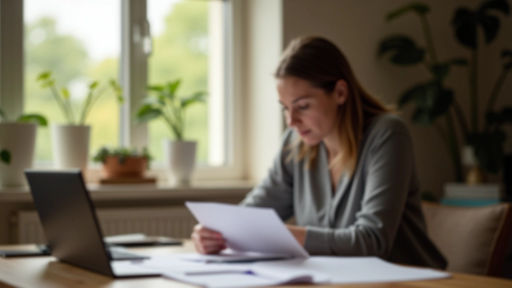 Femme examinant des reçus et des documents financiers à sa table de cuisine